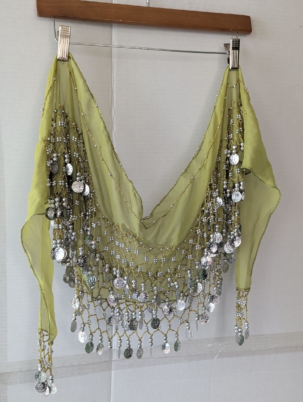 Lime Green Silver Colored Coin Fringe Belly Dance Hip Scarf Length 56"
